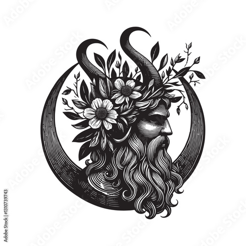 Monochrome depiction of a mythological horned god with floral cr