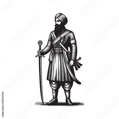 Monochrome depiction of a Sikh warrior in traditional attire wit