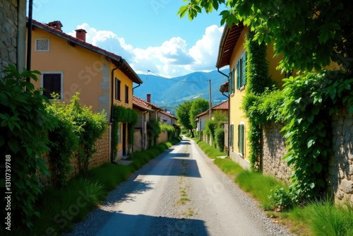 Borgo collinare con vigneti e una strada storta, azzurro, arbusti, collina photo