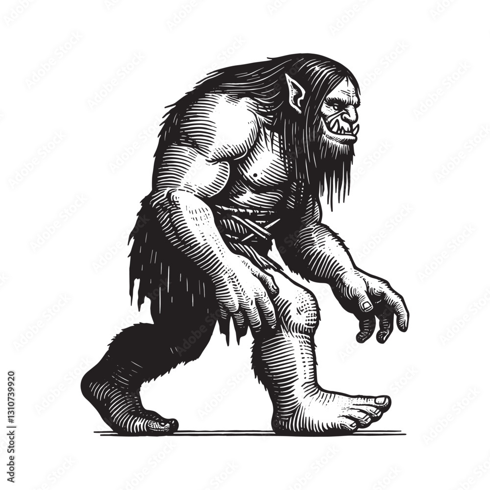 Monochrome depiction of a troll-like creature, in woodcut style