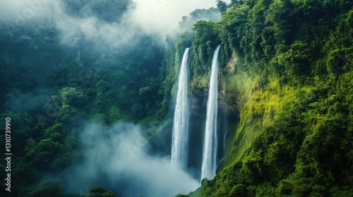 A panoramic view of a massive waterfall with dense green jungle trees, mist rising into the air.