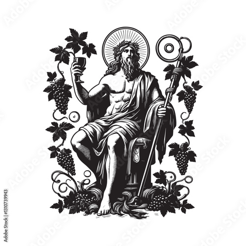 Monochrome depiction of Dionysus, the deity of wine, in a classi
