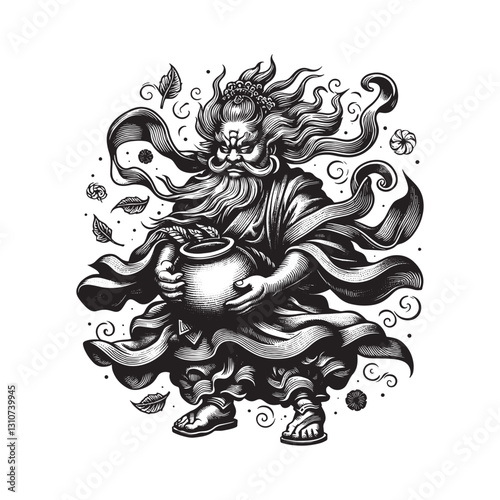 Monochrome depiction of Fujin, the Japanese wind deity, wielding