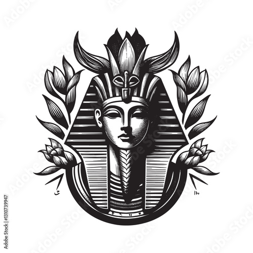 Monochrome depiction of Egyptian pharaoh encircled by stylized l