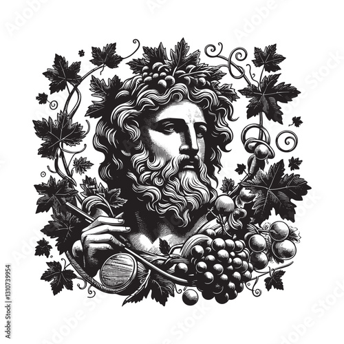 Monochrome depiction of Dionysus with grapes and ivy, woodcut st