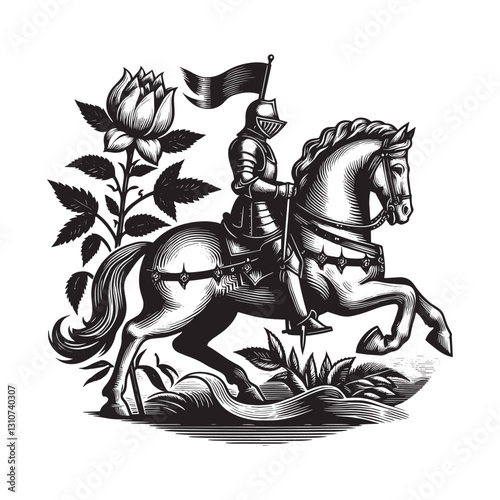 Monochrome engraving of a knight on horseback with rose and foli