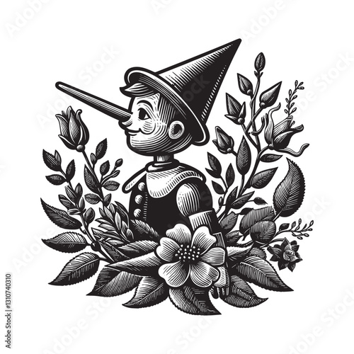 Monochrome Floral Vignette with Woodcut Character and elongated
