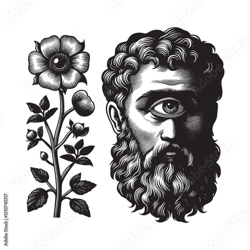 Monochrome engraving of a bearded man's face with a floral botan