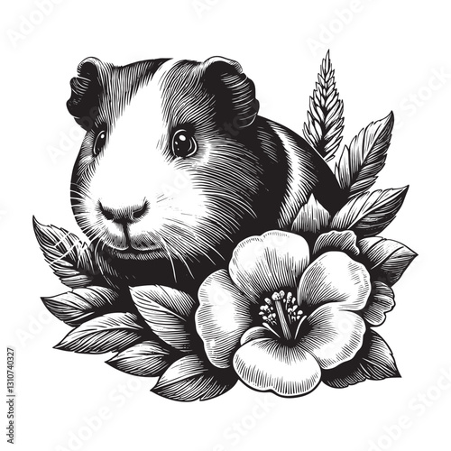Monochrome guinea pig portrait with floral elements in engraved