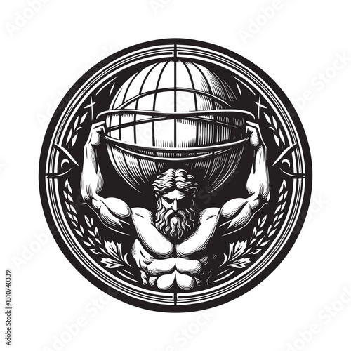 Monochrome illustration featuring the mythical figure Atlas hold