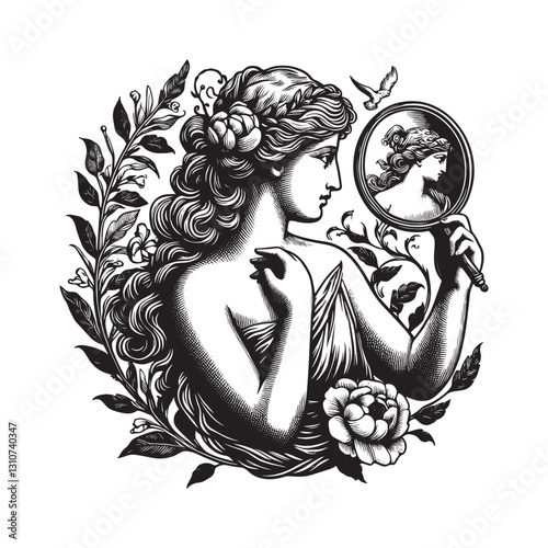 Monochrome illustration of a classic goddess gazing into a handh