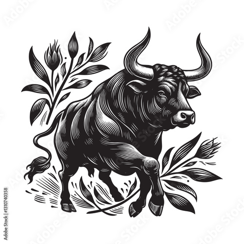 Monochrome illustration depicting a powerful bull surrounded by