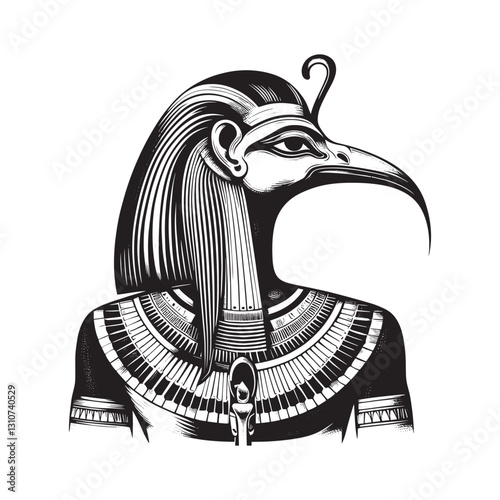 Monochrome Illustration of Egyptian God Thoth with Ibis Head and