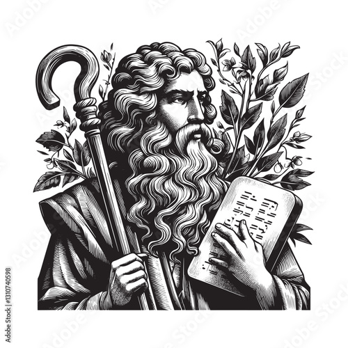 Monochrome Illustration of Moses Holding the Tablets of the Law