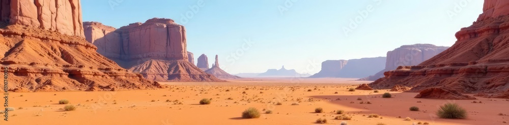 Naklejka premium Desert landscape with towering sandstone formations and empty vastness, rock formations, natural, desert