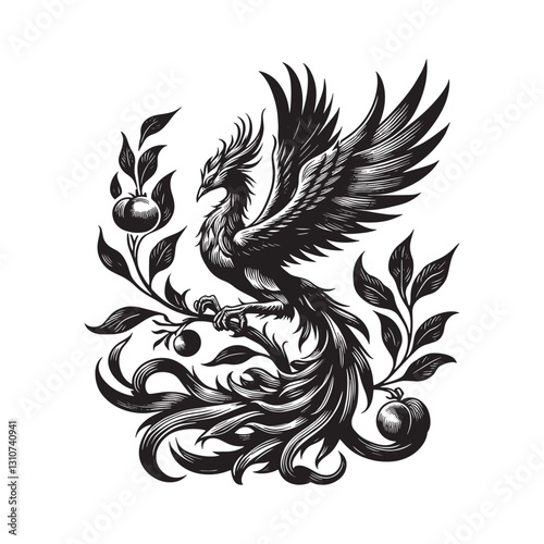 Monochrome Phoenix Rising Illustration with Ornate Floral Accent