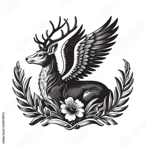 Monochrome peryton illustration with avian wings and botanical d