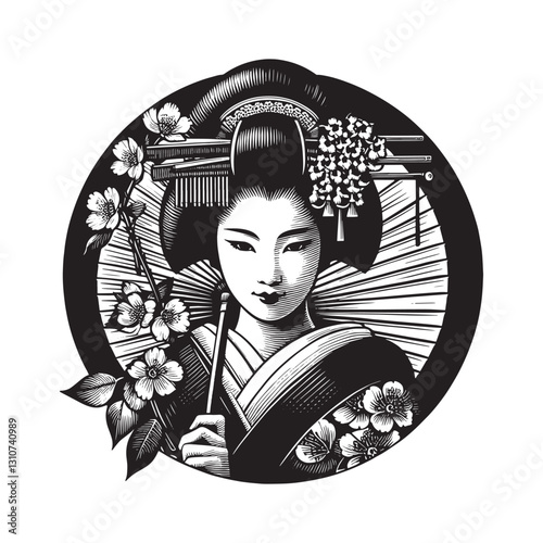 Monochrome portrayal of a geisha with floral accents in traditio