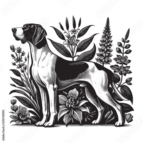 Monochrome pointer dog portrait with botanical elements in woodc photo