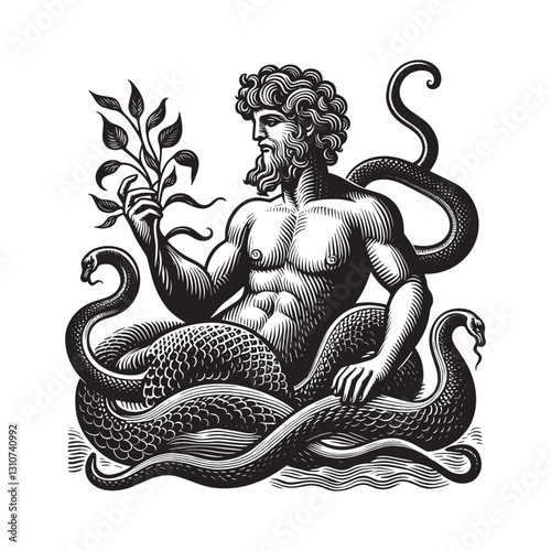 Monochrome portrayal of a serpentine humanoid figure in vintage