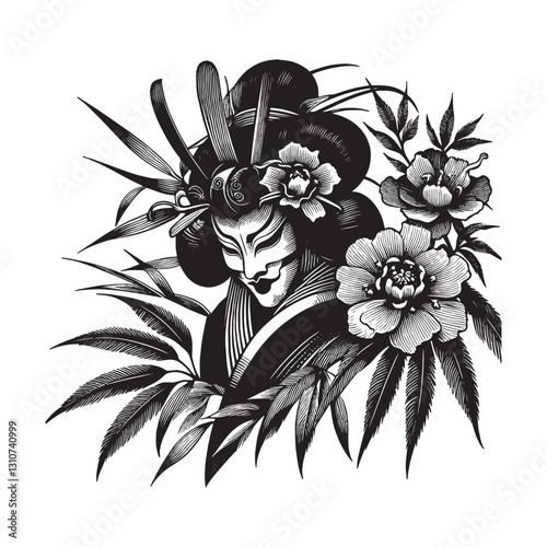 Monochrome rendering of a Kabuki performer with floral adornment