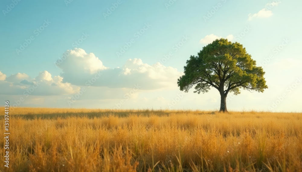 Desolate meadow with a lone tree in the background, earthy tones, clouds, natural light Desolate meadow with a lone tree in the background, earthy tones, clouds, natural light