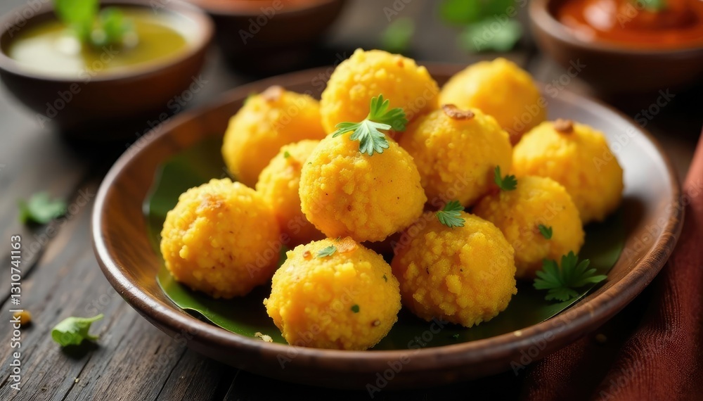 Detail of chutney served in small bowl next to dhokla, colors, Indian cuisine, Asian dishes Detail of chutney served in small bowl next to dhokla, colors, Indian cuisine, Asian dishes