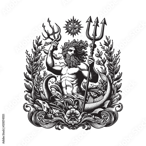Monochrome portrayal of a mythological sea deity with trident an