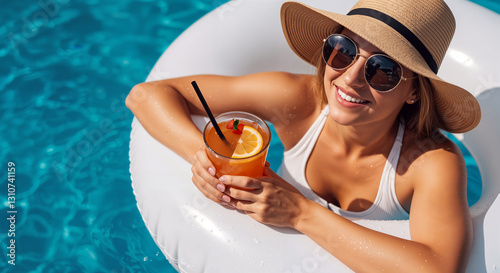 A young woman portrait with sunglasses smiling and holding a cocktail relaxing on an inflatable float in a pool. Concept of summer bliss and peaceful relaxation.