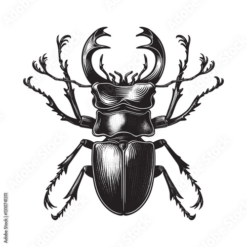 Monochrome Stag Beetle Illustration with Intricate Woodcut Textu