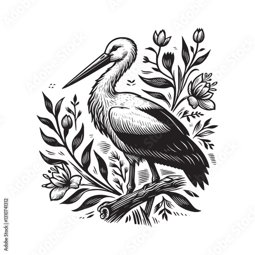 Monochrome Stork Illustration in a Classic Woodcut Style with Fl