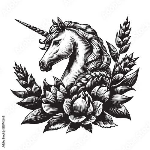 Monochrome unicorn portrait encased in floral elements engraving