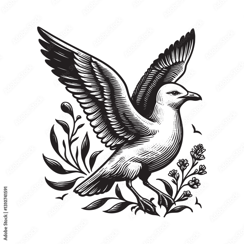 Obraz premium Seagull in Botanical Woodcut Style: Vintage Inspired Graphic Art