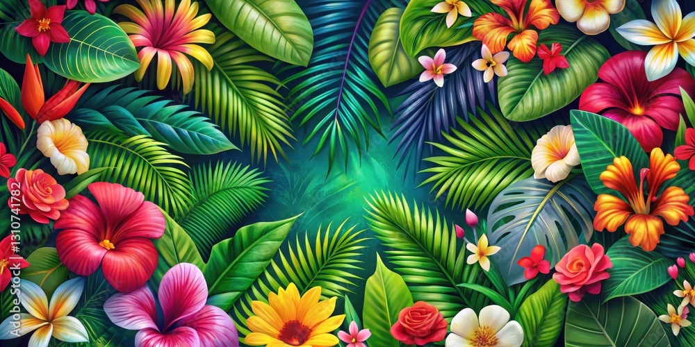 Fototapeta premium Vibrant Loopable Background with Tropical Flowers, tropical paradise graphics , tropical flower wall art