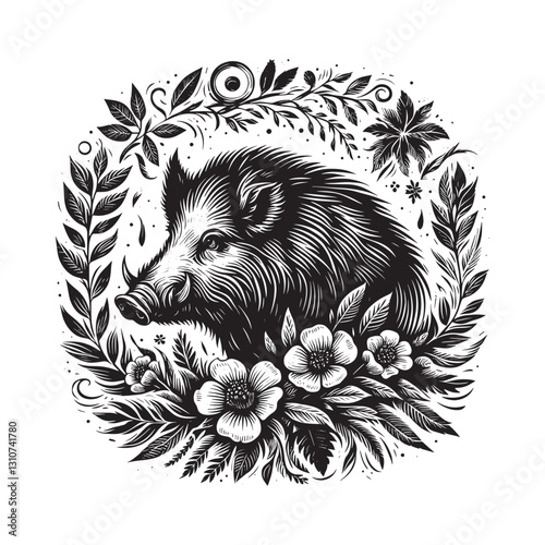 Monochrome woodcut-style wild boar illustration encircled by flo