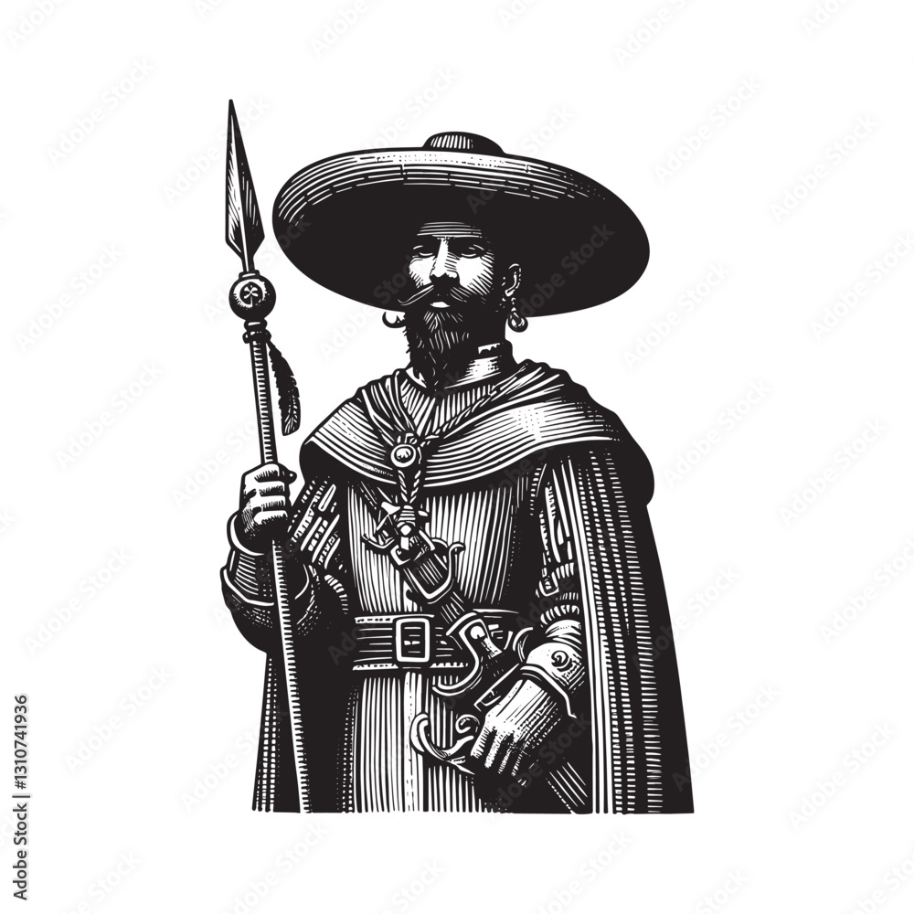 Fototapeta premium Ornate linocut illustration of a European guard with spear and w