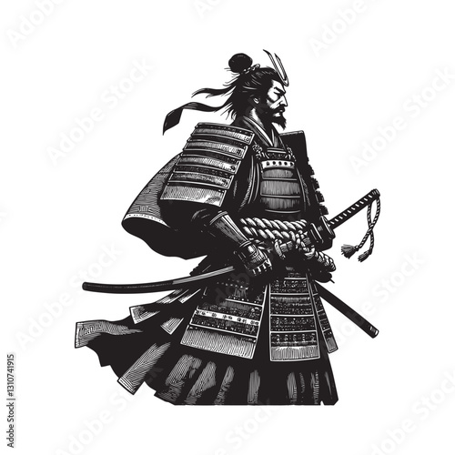 Noble Shogun warrior in full armor, rendered in a minimalist woo