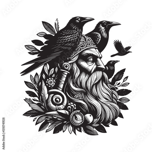 Norse Deity Portrayal with Raven Companions in Intricate Woodcut