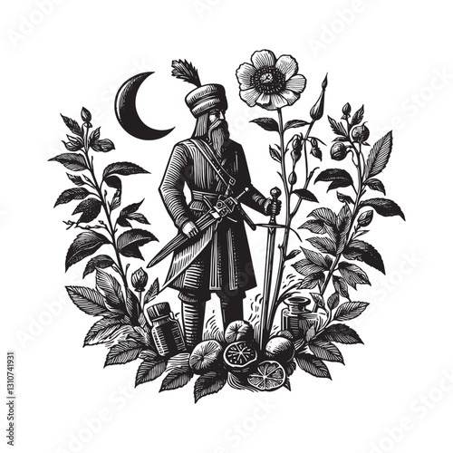 Ornate historical warrior with floral and lunar elements artwork