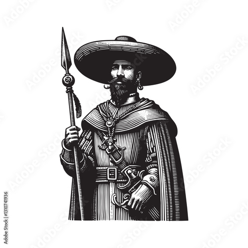 Ornate linocut illustration of a European guard with spear and w