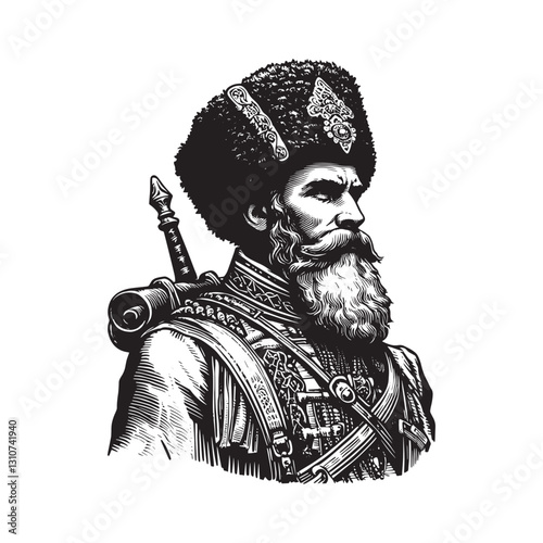Ornate Portrait of Stoic Warrior with Detailed Beard and Traditi