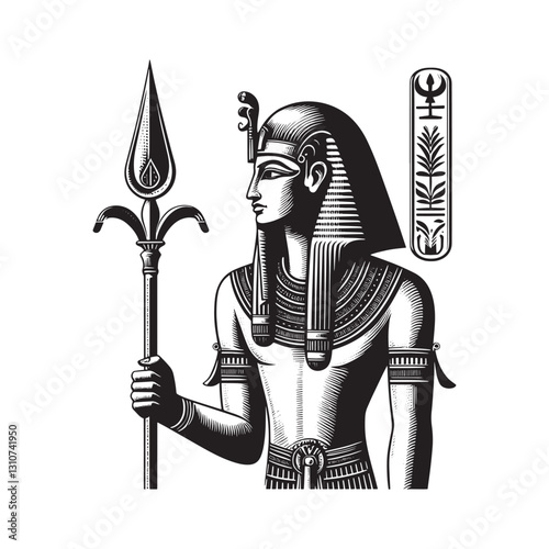 Osiris: Distinctive depiction in a monochrome woodcut style on w