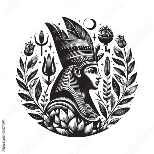 Osiris, Ancient Egyptian Deity in Intricate Woodcut Illustration
