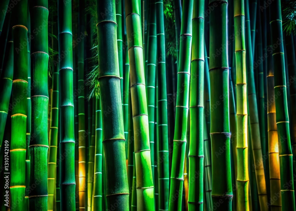 Obraz premium Night Photography: Illuminated Bamboo Texture, Dark Green Stalks, Mystical Forest