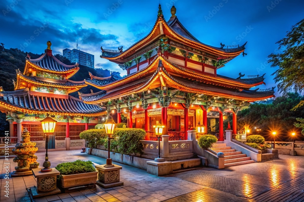 Fototapeta premium Night Photography: Illuminated Che Kung Temple, Sha Tin, Hong Kong - Serene Asian Architecture