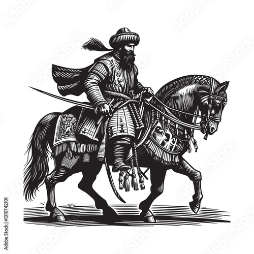 Ottoman Empire Janissary Warrior on Horseback Traditional Woodcu