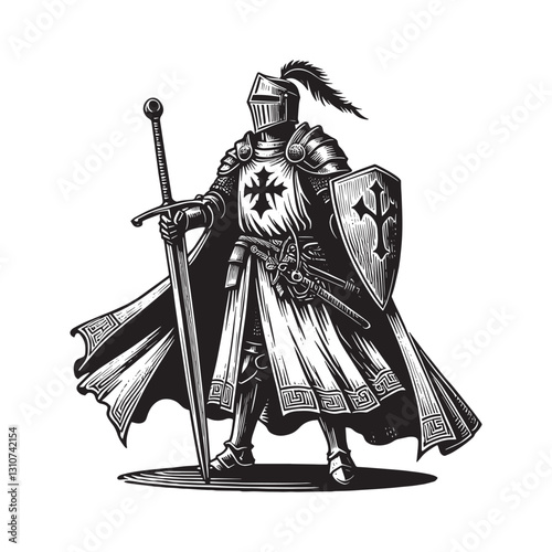 Monochrome Paladin Illustration: Full-Body, Woodcut Style with M