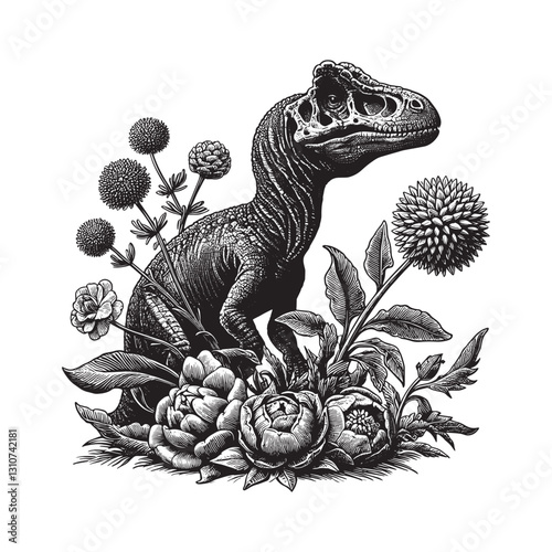 Pachycephalosaurus in a floral fantasy, rendered with intricate