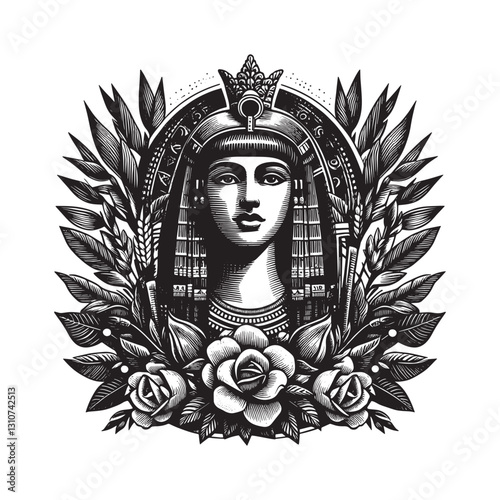 Regal egyptian queen in floral woodcut style monochromatic illus
