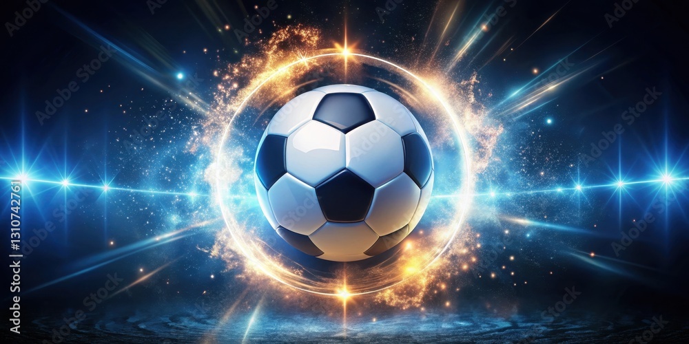Fototapeta premium Soccer ball with LED lights glowing around it, surrounded by a halo of sparks , energy, , energy,dynamic